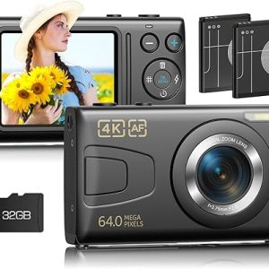 4K Digital Camera for Photography FIREFOTO Auto-Focus Vlogging Camera for YouTube 18X Point & Shoot Digital Cameras with SD Card, Flash, 2 Batteries Black